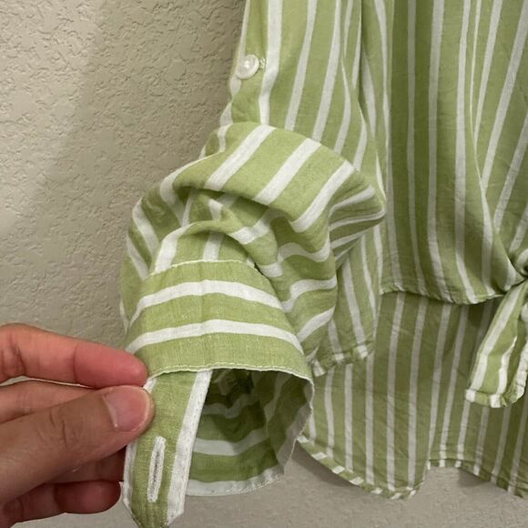 LOLA RIVER Striped Shirt Green White Button Up Tie Roll Tab Sleeve - Picture 6 of 11